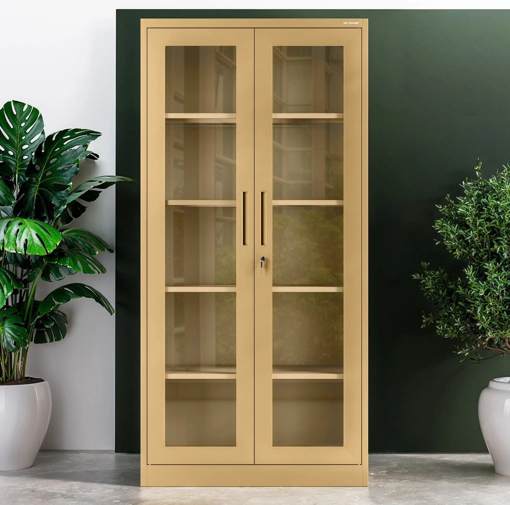 Witryna przeszklona metalowa wysoka z zamkiem beżowa, 900x1850x400 mm: AMELIA Fresh Style