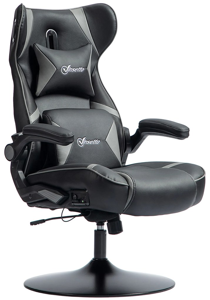 Vinsetto Ergonomiczny fotel gamingowy z funkcją kołysania i głośnikami, wsparcie lędźwiowe i na szyję, do pokoju gracza, sztuczna skóra, Szary+Czarny