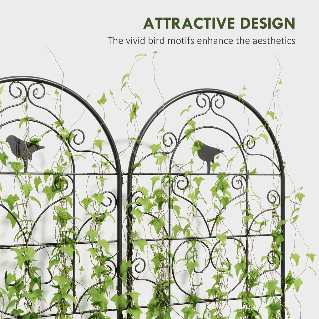 Metalowe Kratki na Róże 2 szt. Outsunny Zestaw, Odporny na Rdzę, dla Roślin Pnących z Motywem Ptaków 50x120 cm, Czarny