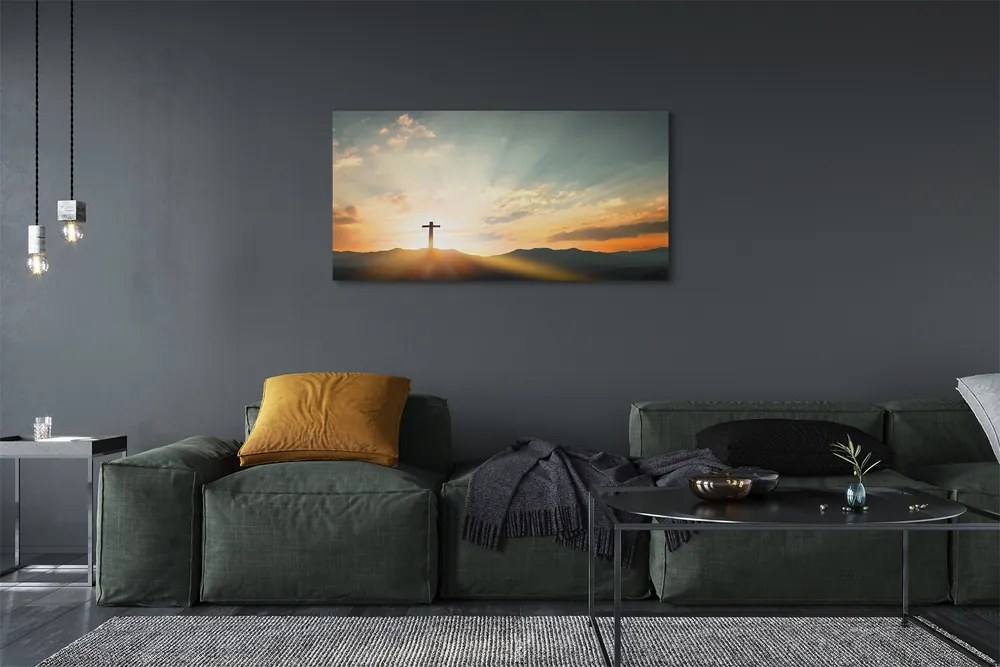 Duży obraz na płótnie Krzyż w Górach o Zachodzie Słońca