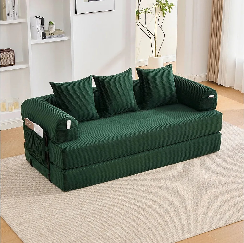 Sofa 3-osobowa rozkładana - 200 x 94 x 67 cm - z kieszeniami bocznymi + 3 poduszki - aksamitna - zielona