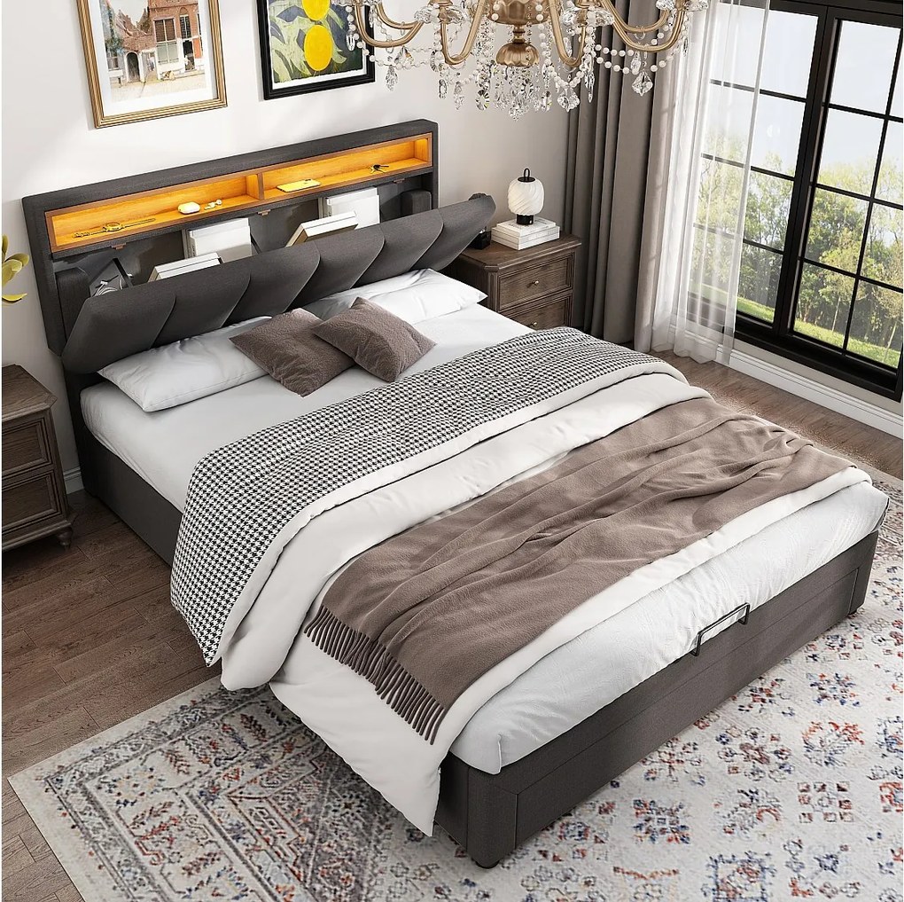 Łóżko ze schowkiem 140 x 190 cm z zagłówkiem i 2 szufladami - LED - Tkanina lniana - Szare (bez materaca)