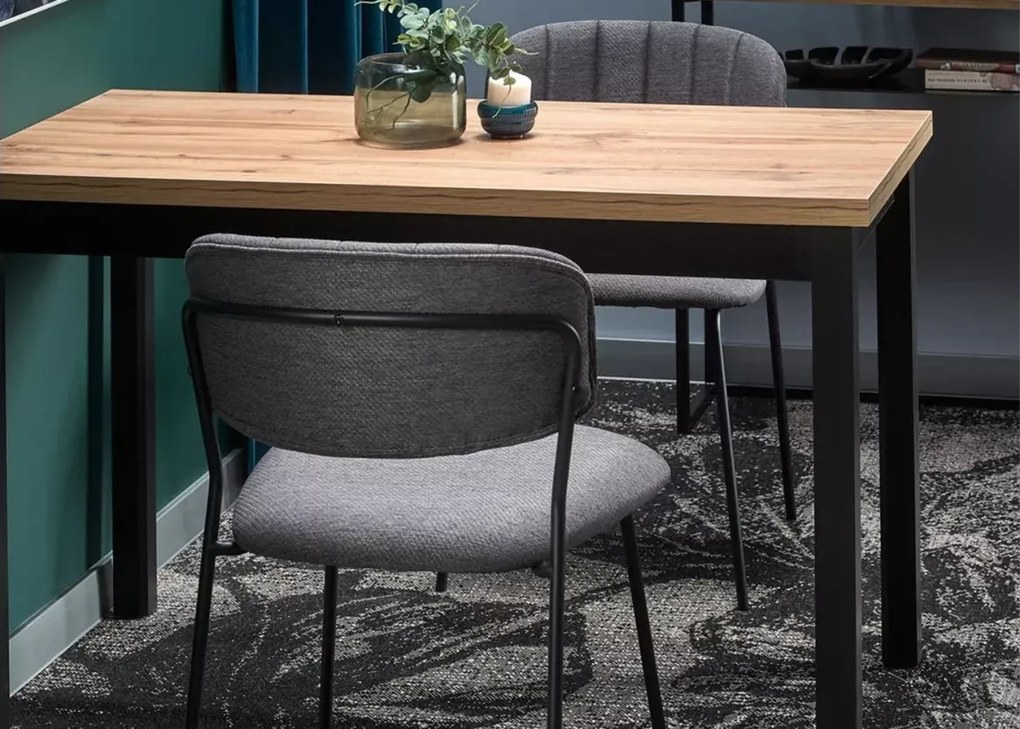 Nowoczesny stół Dendy 120x68 cm prostokątny z blatem z płyty laminowanej w odcieniu dąb wotan i metalowymi czarnymi nogami