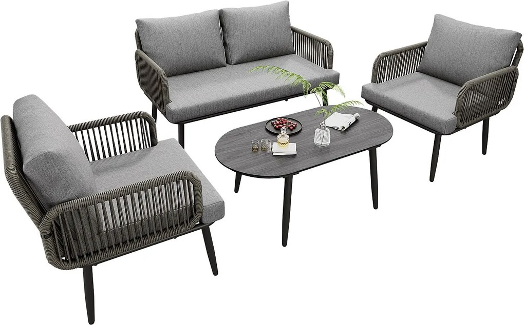 Zestaw mebli ogrodowych modułowych 4-osobowych ze stali ocynkowanej: 1 sofa 2-osobowa + 2 fotele + owalny stolik kawowy - Szary