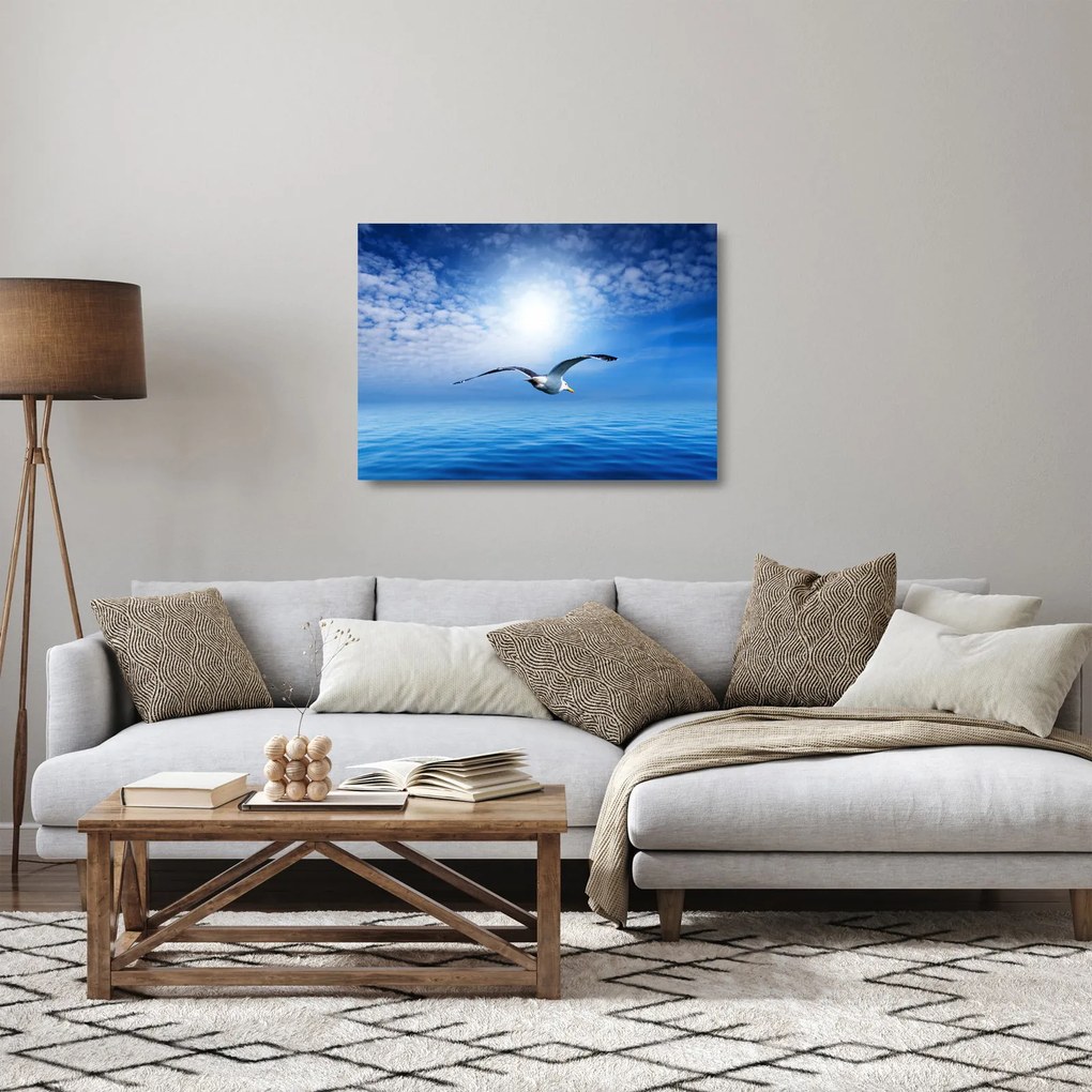 Obraz na szkle - Mewa nad morzem (70x50 cm)