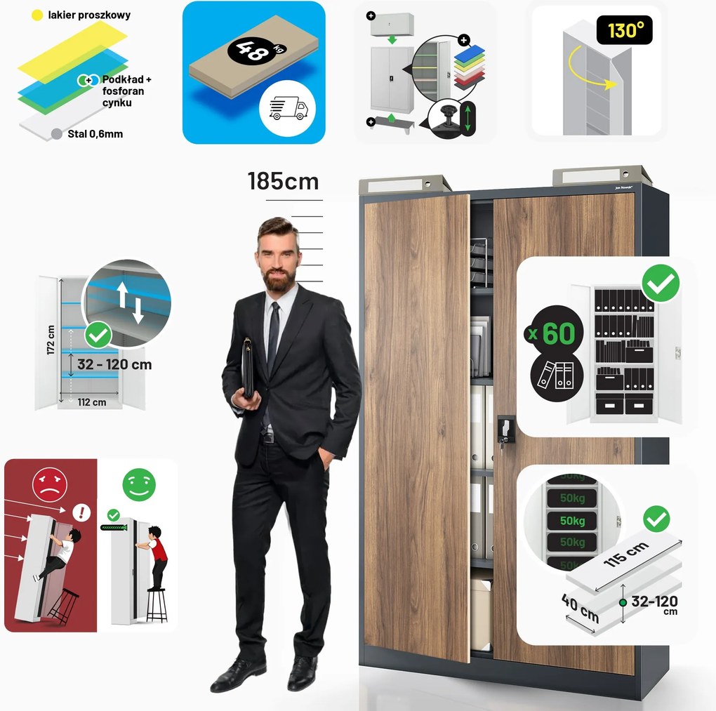 Szafa biurowa metalowa na dokumenty JAN II, Eco Design: antracyt/orzech