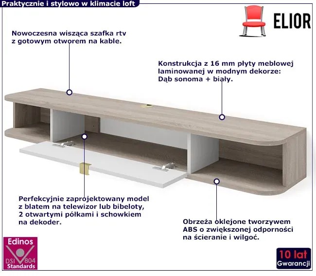 Wisząca szafka pod TV dąb sonoma + biały - Calmero