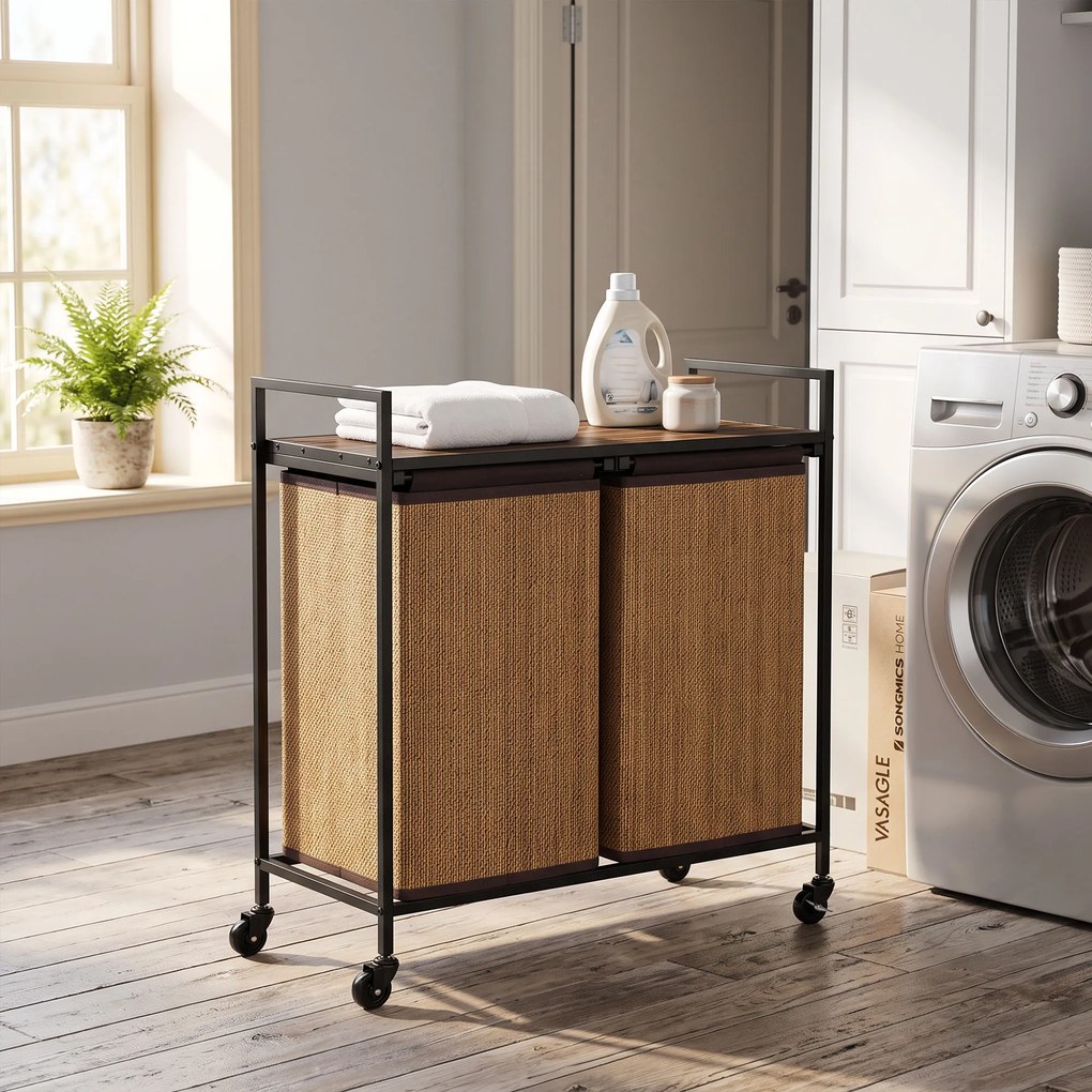 HOMCOM Kosz na pranie bambus 2 komory 120 l, pojemnik z półką, worek na pranie, na kółkach 73x33x78 cm, Brązowy | Aosom PL
