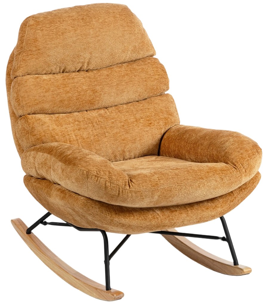 HOMCOM Tapicerowany fotel bujany ze stalowymi nogami i drewnianymi płozami, Żółty