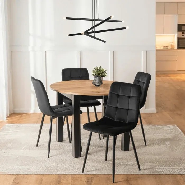Zestaw Stół Okrągły Rozkładany HARRY 102-142 cm Dąb Craft/Czarny i 4 Krzesła PERU Czarne