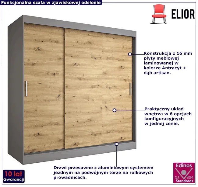 Szafa przesuwna 200 cm antracyt + dąb artisan F5-W16