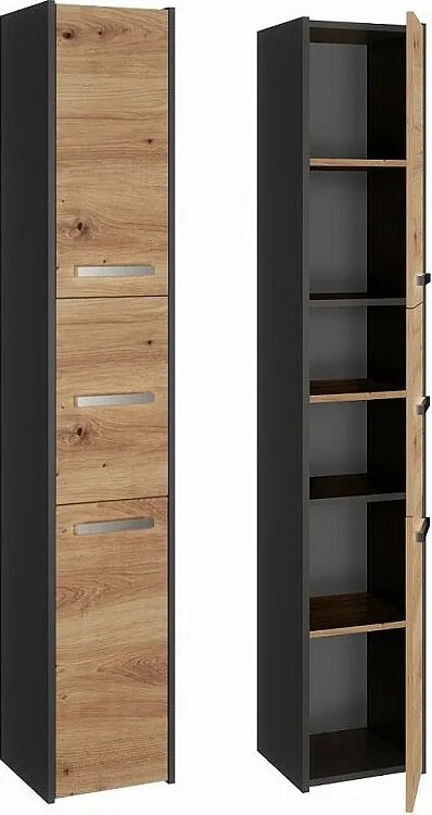 Szafka Łazienkowa SARA S33 | Antracyt/ Dąb Artisan | 30x30x170 cm | 3 Drzwi, Półki