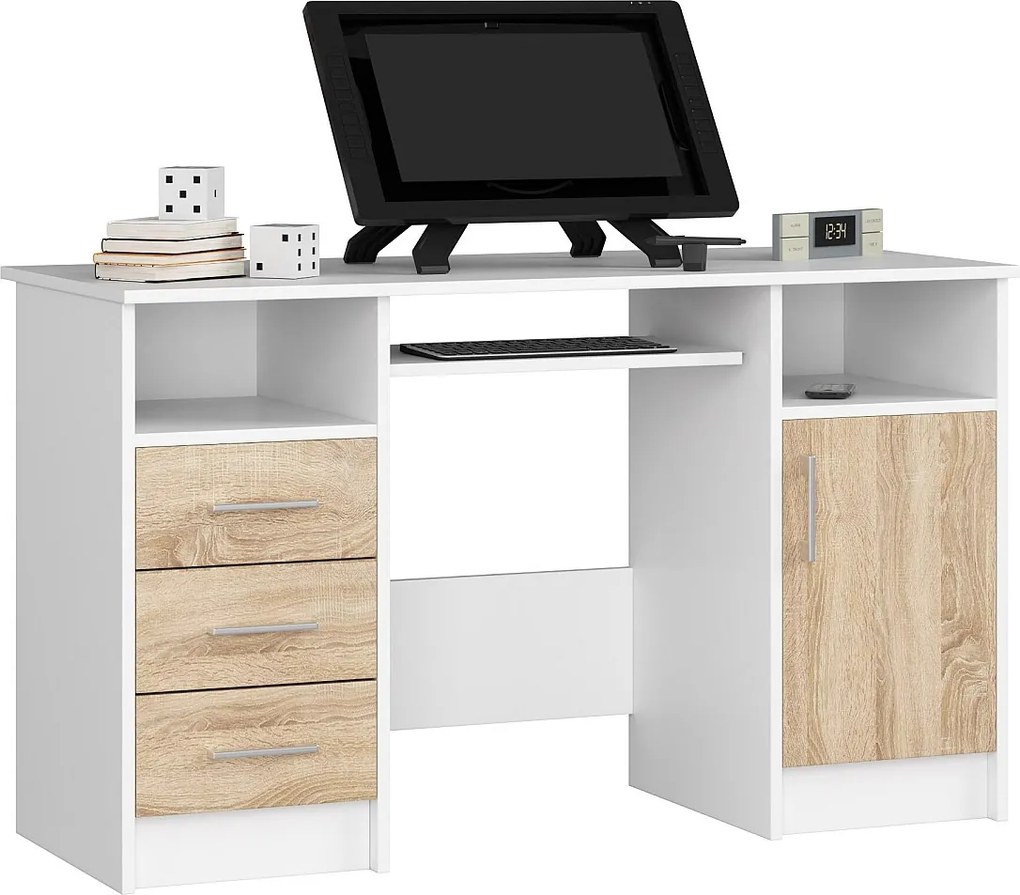 Biurko AKORD ANA Białe 124 cm biurko komputerowe 1 drzwi 3 szuflady kolor Dąb Sonoma mat 5 półek 124x52x74 cm