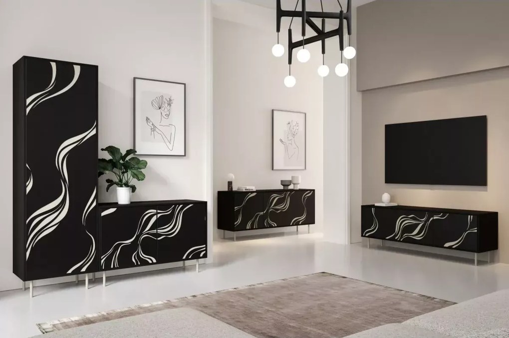 Witryna Lorena – elegancka witryna do salonu i jadalni z dekoracyjnymi stalowymi wzorami