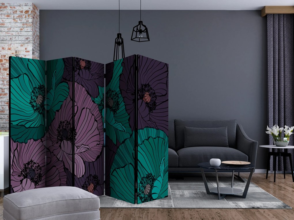 Parawan akustyczny Kwiaty 225x172 cm 5-częściowy niebieski ARTGEIST B