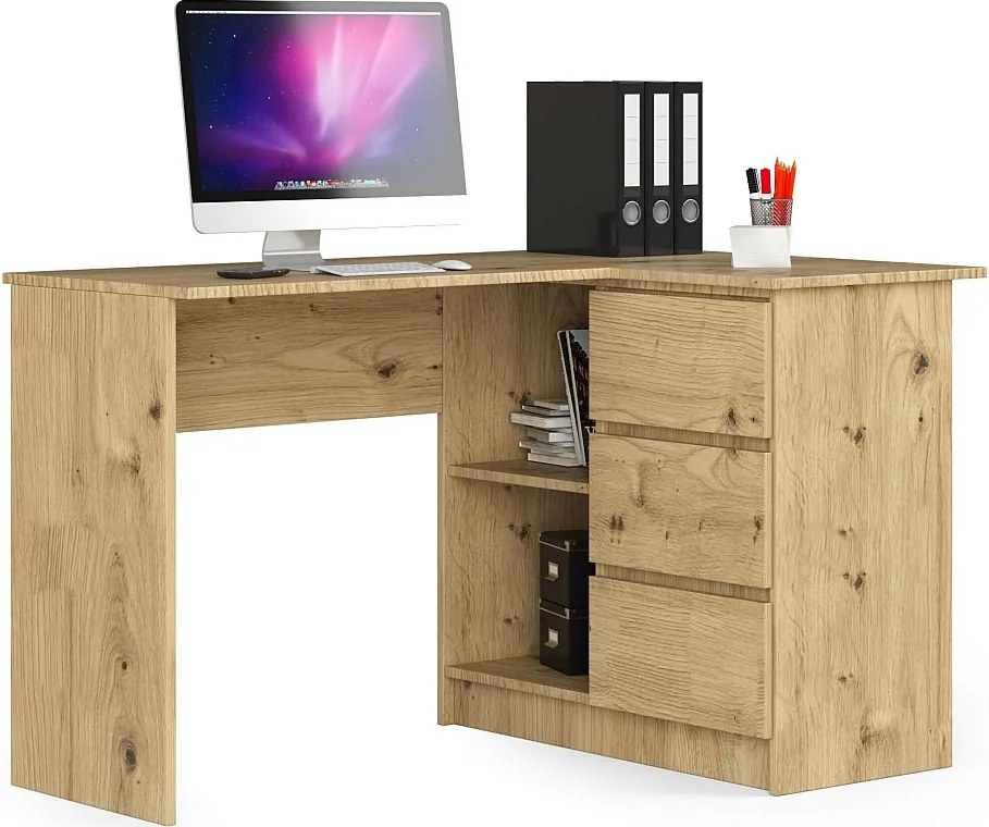 Biurko narożne AKORD B16 Dąb Artisan 124 cm prawe 3 szuflady kolor Dąb Artisan mat 2 półki 124x85x77 cm