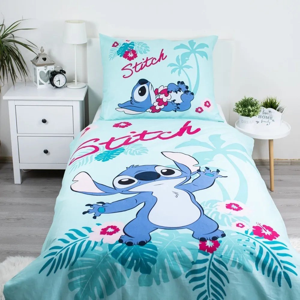 Niebieska bawełniana pościel dziecięca jednoosobowa 140x200 cm Lilo a Stitch "Hawaii" – Jerry Fabrics