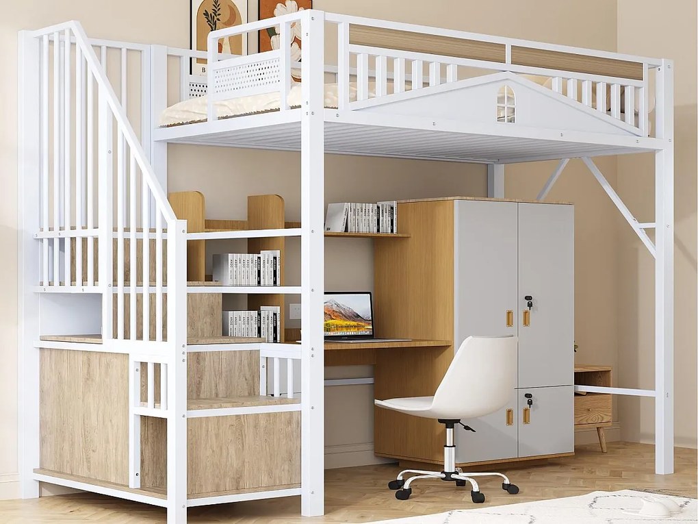 Łóżko mezzanine metalowe 90x200cm - z drabiną do przechowywania - Białe (materac nie jest w zestawie)