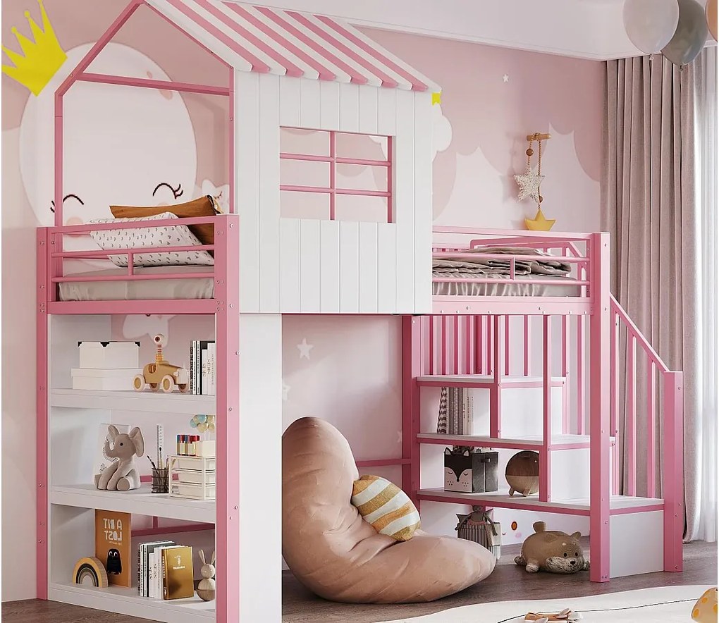 Łóżko na antresoli 90x200 cm - z barierkami bezpieczeństwa - z półkami do przechowywania - z drabiną bezpieczeństwa - Różowy​ (materac nie jest wliczony w cenę)