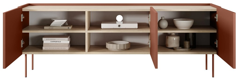 Szafka RTV Desin 170 cm z metalowymi nogami - ceramic red / dąb nagano
