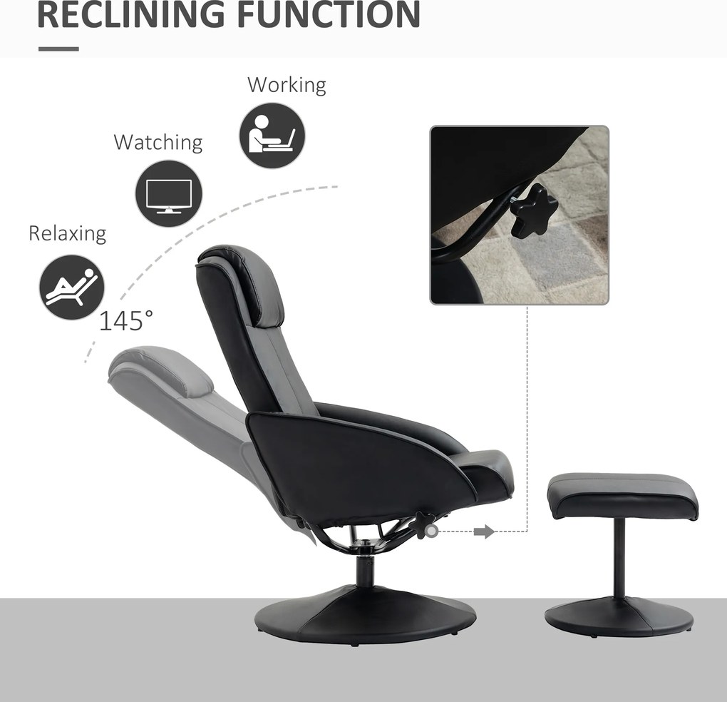 HOMCOM Fotel relaksacyjny z podnóżkiem, pokrycie z sztucznej skóry, regulowany, ergonomic design, Czarny