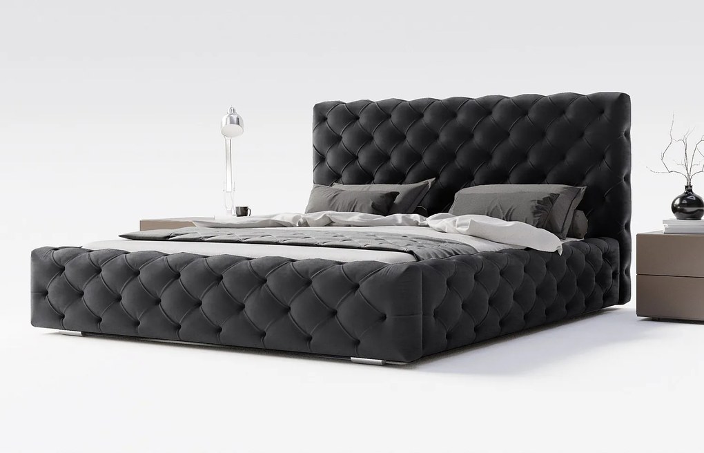 Emporius Paris łóżko tapicerowane 160x200 cm - glamour, pikowanie chesterfield - łóżko dwuosobowe z pojemnikiem, tkanina aksamitna, czarny (Magic Velvet 2219)