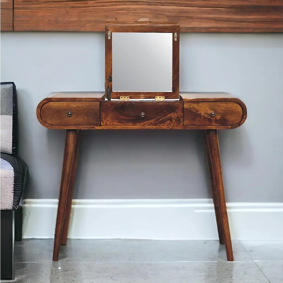 Toaletka z drewna kasztanowego z lustrem Artisan Furniture, 3 szuflady, 1 lustro, brązowa