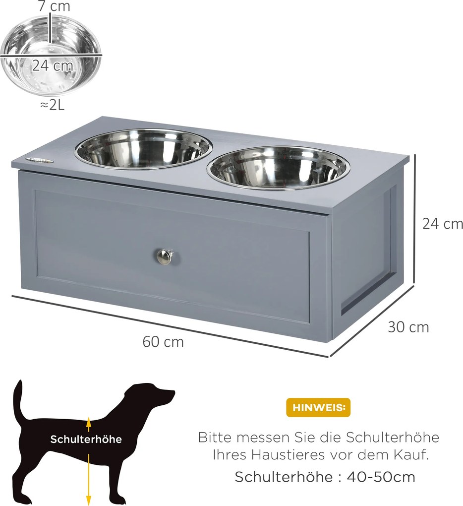 Stacja karmienia PawHut, 2 miski do karmienia, 2 litry każda, stal nierdzewna, z szufladą, dla średnich psów, szary, 60 x 30 x 24cm