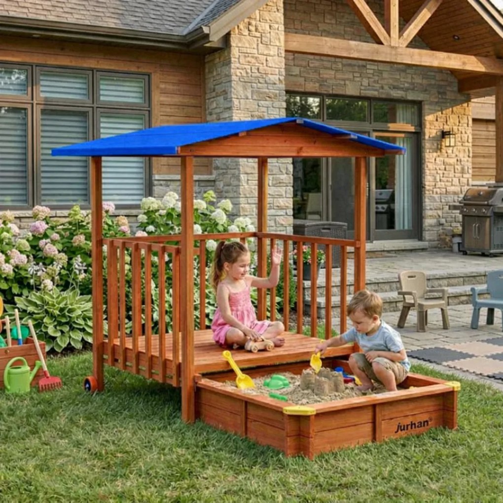 Piaskownica z werandą SUNNY, 130x130x143cm, brązowa/niebieska Jurhan