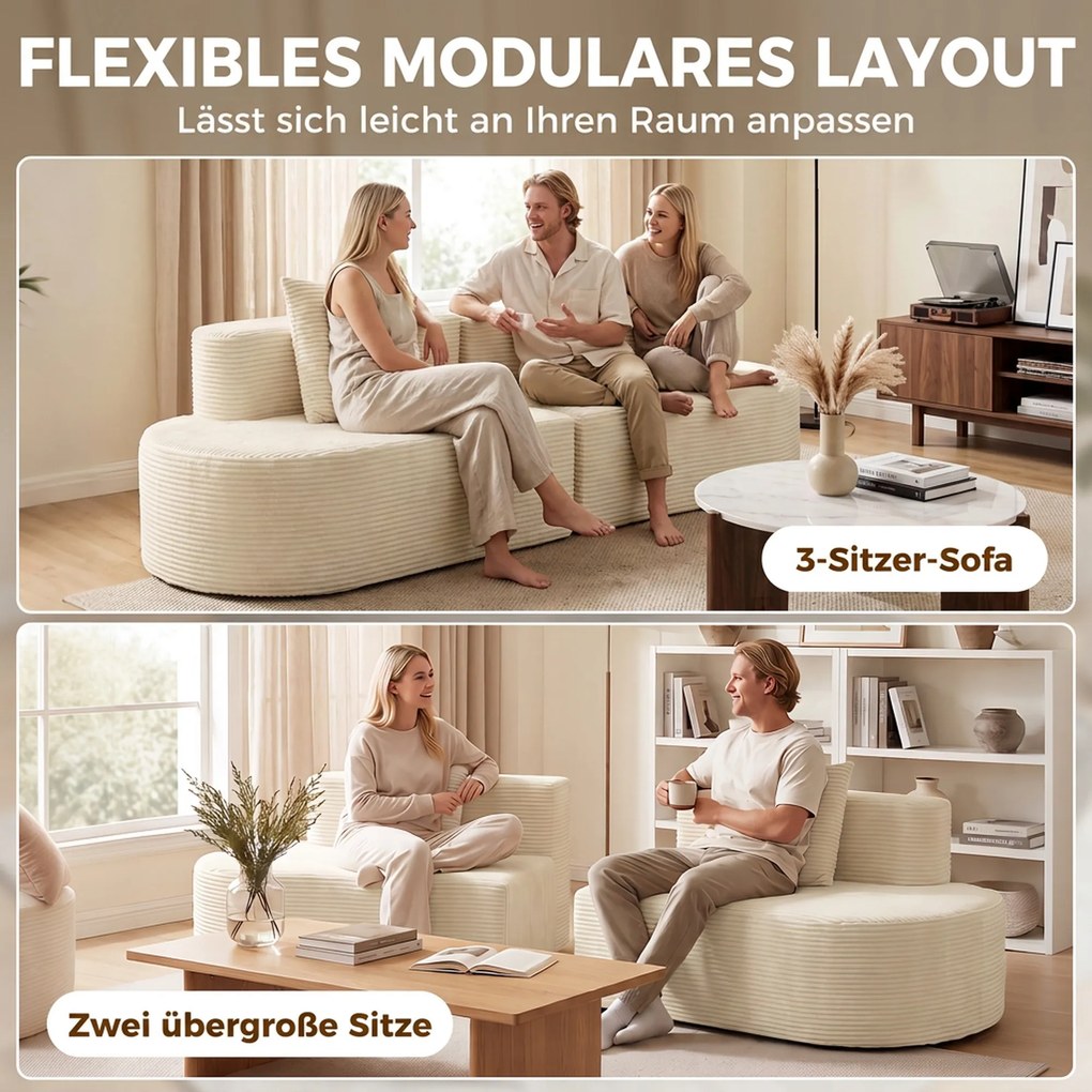 HOMCOM Sofa 3-osobowa, modułowa sofa Cloud bez stałego stelaża, szerokie i głębokie siedzisko, wkład ze sprężyn, sztruksowe obicie, beżowy | Aosom PL