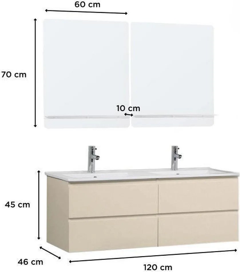 Podwójna szafka pod umywalkę 120 cm z ceramicznym blatem, kranami i lustrami SORRENTO