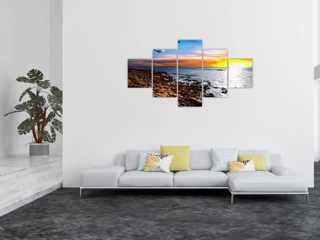 Obraz - Mewa lecąca nad wybrzeżem (125x70 cm)
