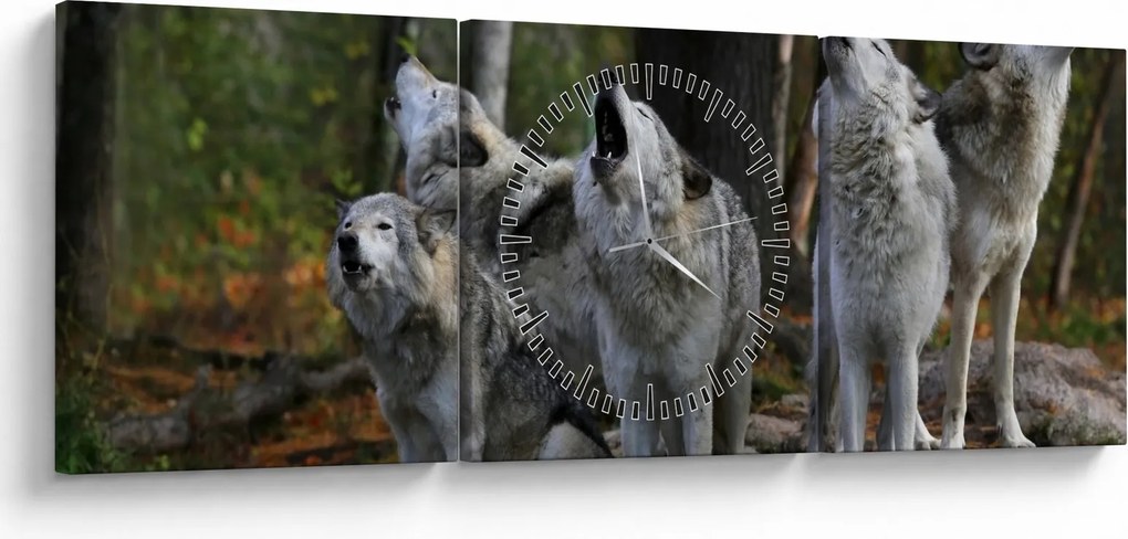 Obraz - Wilki na skale (z zegarem) (90x30 cm)