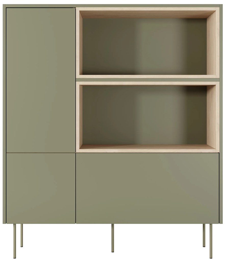 Komoda wysoka Desin 120 cm dwudrzwiowa z szufladą i wnękami - oliwka / dąb nagano