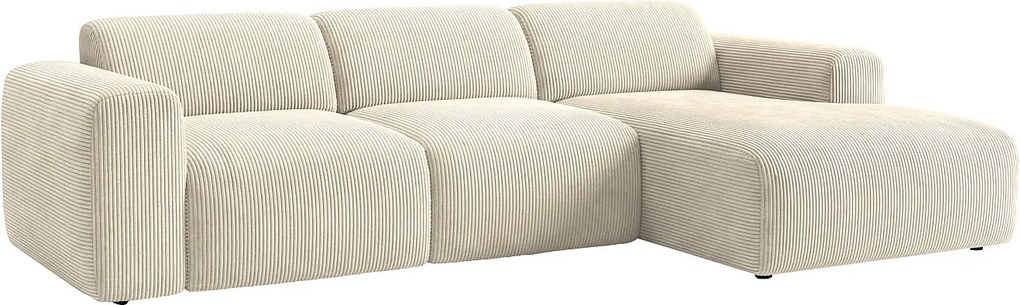 Kanapa narożna duża prawostronna z elektrycznym wysuwanym siedziskiem z prążkowanego beżowego weluru POGNI marki Maison Céphy