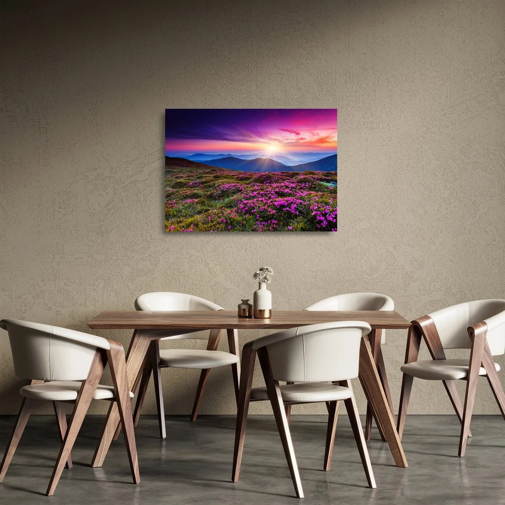 Obraz na szkle - Krajobraz kwitnących gór (70x50 cm)