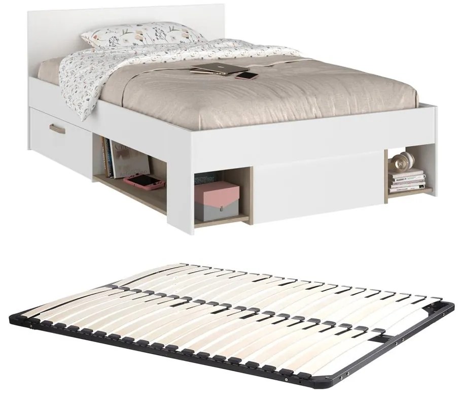 Łóżko 120 x 190 cm  ze skrzynią i - Biały i naturalny + Stelaż - KINSELIA