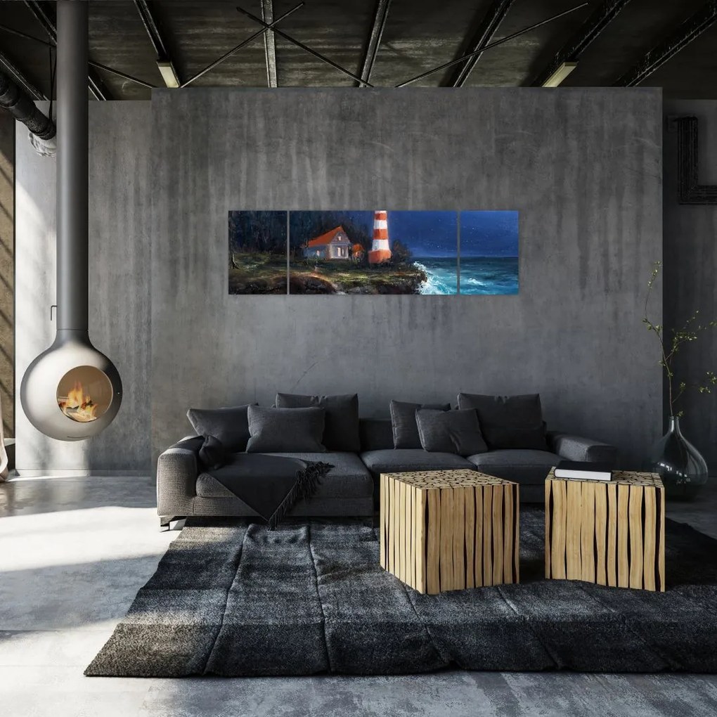 Obraz - Latarnia morska na brzegu oceanu, akwarela (170x50 cm)