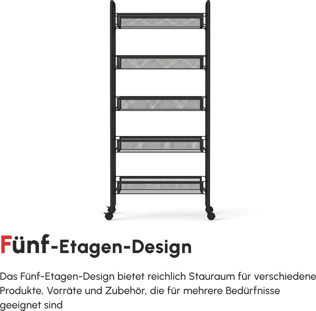 HOMCOM Wózek kuchenny z 5 koszami z drutu, 4 haczykami, 4 kołami, 2 uchwytami, stal/tworzywo sztuczne, 45x26,5x106 cm, Czarny