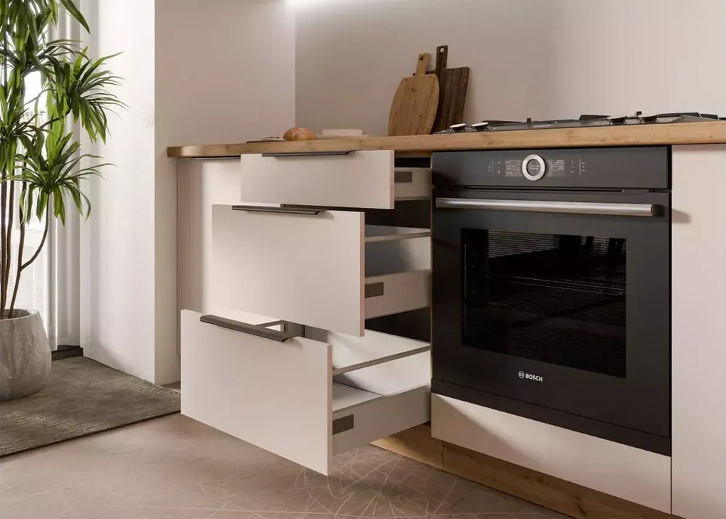 Loseo – komplet kuchenny 390 cm w kolorze kaszmir / dąb artisan z uchwytami czarnymi i systemem cichego domykania
