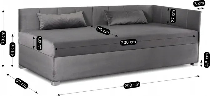 Łóżko Tapczan Młodzieżowe KARO 2 90x200 cm Narożne Szare Welurowe