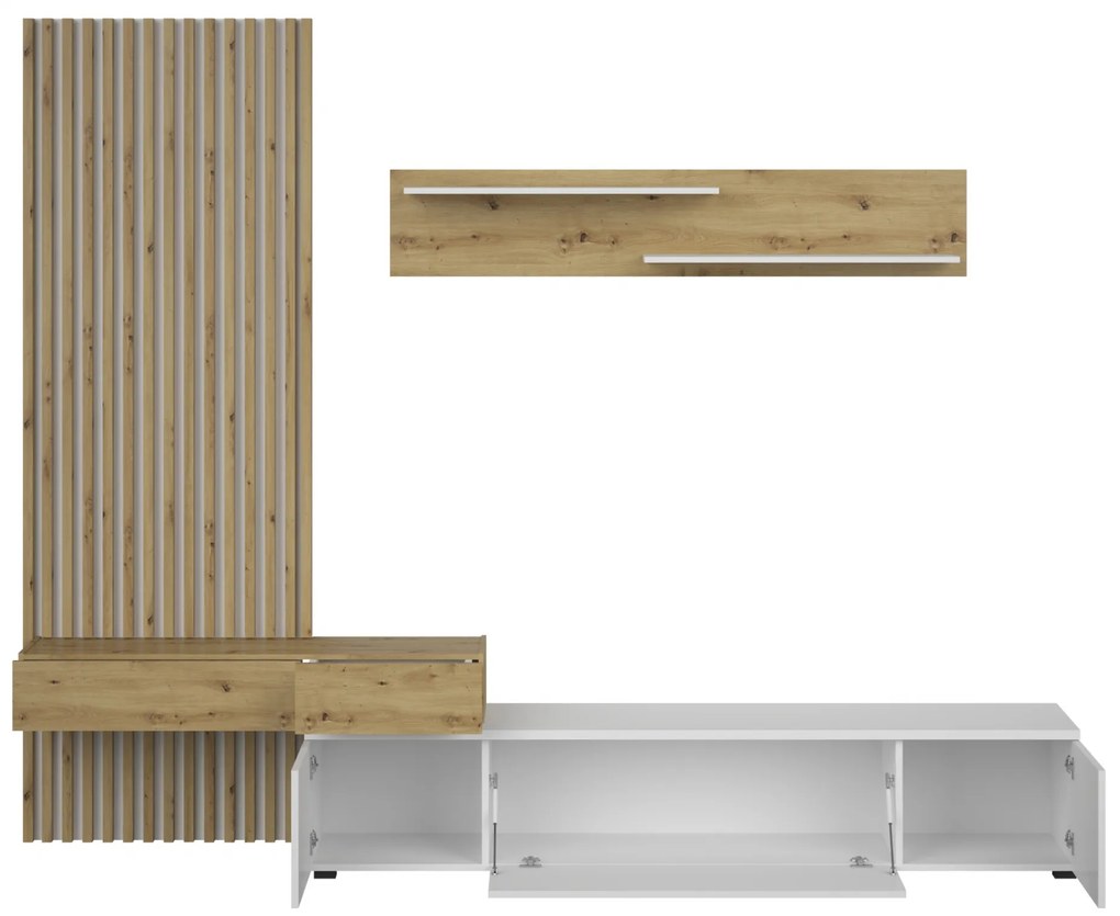 Meblościanka Lucimo 250 cm z lamelami - biały / dąb artisan