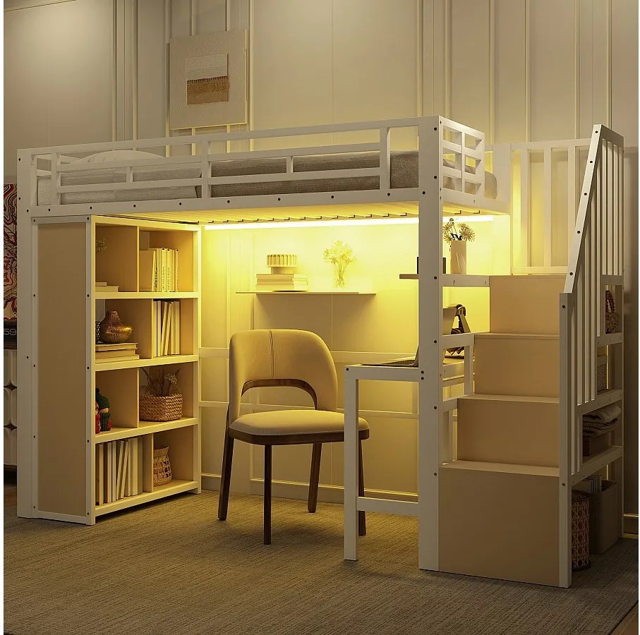 Łóżko piętrowe dla dzieci - 90 x 200 cm - rama żeliwna - z biurkiem + regałem + oświetleniem LED + drabinką - metalowe - białe