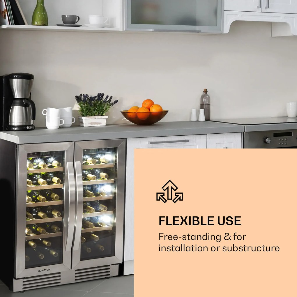 Klarstein Vinovilla 59.5cm 42 Butelki Winiarka Podblatowa Dwustrefowa Srebrny