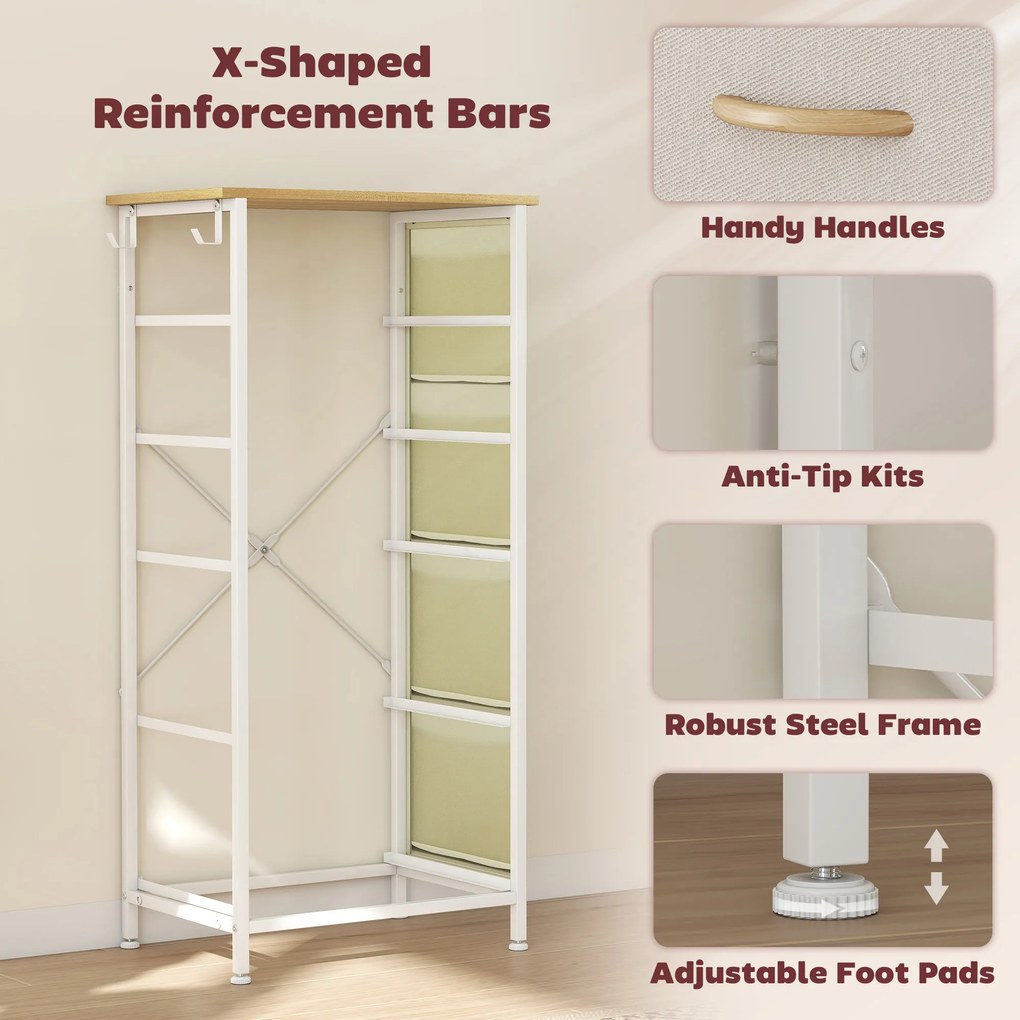 HOMCOM Komoda do sypialni z 5 materiałowymi szufladami, stalowymi wzmocnieniami, drewnianym blatem, 4 kieszeniami i 2 hakami, beżowa | Aosom PL