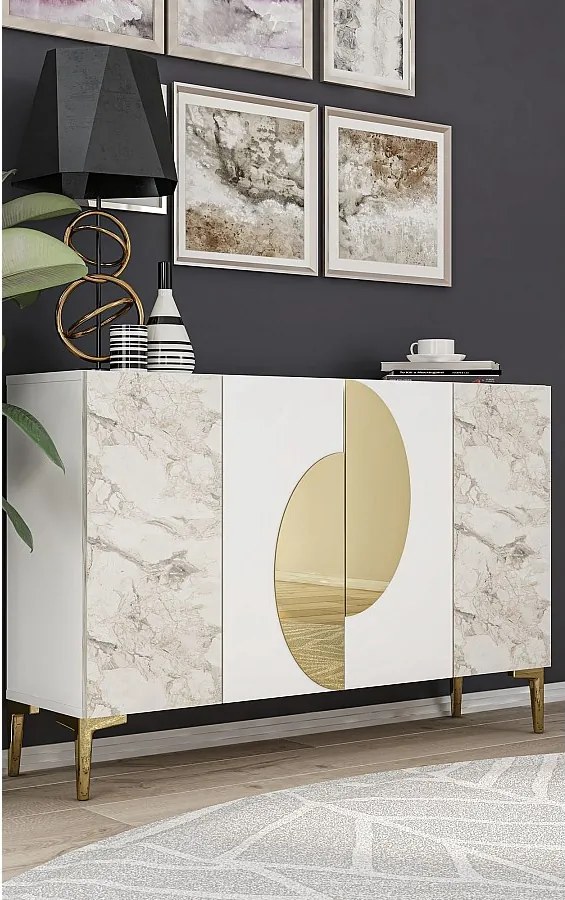 Komoda – 120 cm x 75 cm x 29,6 cm – biała, marmur Efez, złota – płyta wiórowa