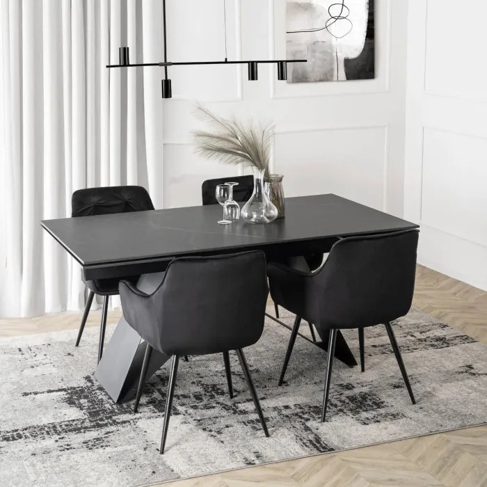 Zestaw Stół Prostokątny Rozkładany VICTOR 160-240 cm Czarny Marmur i 4 Krzesła MODESTO Czarne Welurowe Nowoczesne