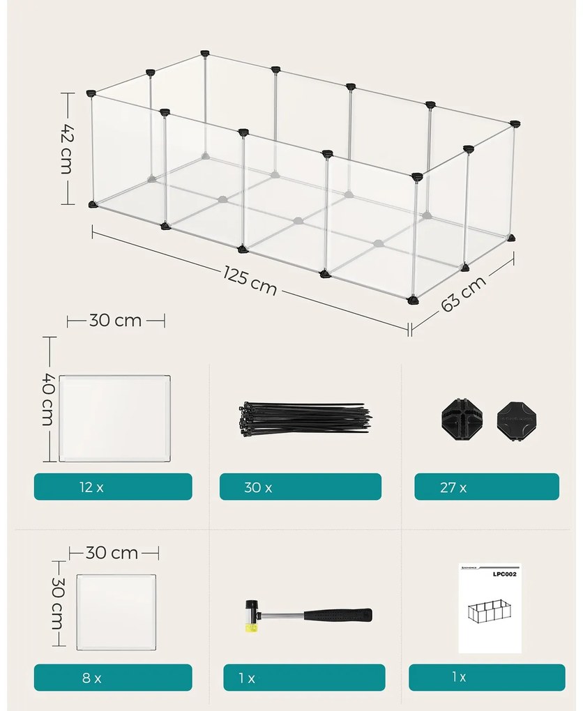 SongmicsHome Zagroda dla małych zwierząt z przezroczystego plastiku BEN, 125x63x42 cm, transparentna