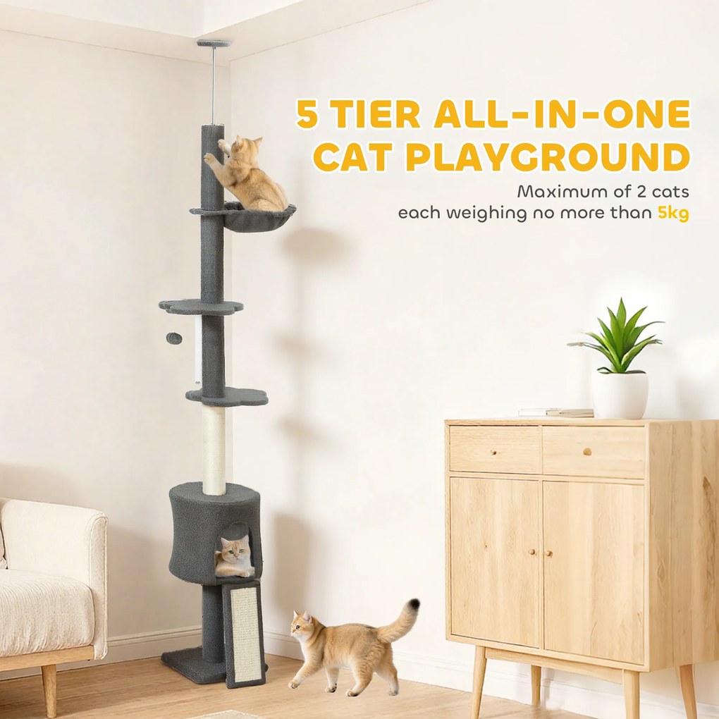 PawHut Drzewko dla kota, kryjówka, hamak, regulowana wysokość, drapak obity tkaniną, szary