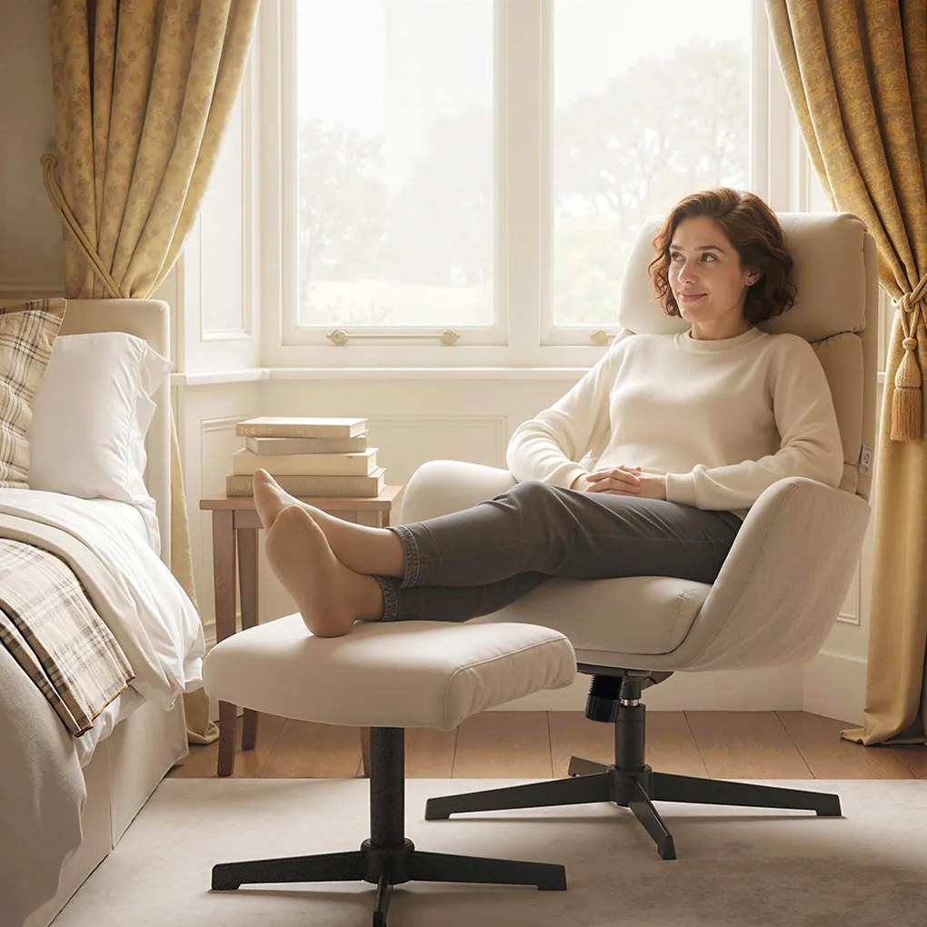 HOMCOM Tapicerowany fotel z podnóżkiem, fotel lounge z wysokim oparciem, metalowa podstawa, do salonu, sypialni, Beżowy | Aosom PL